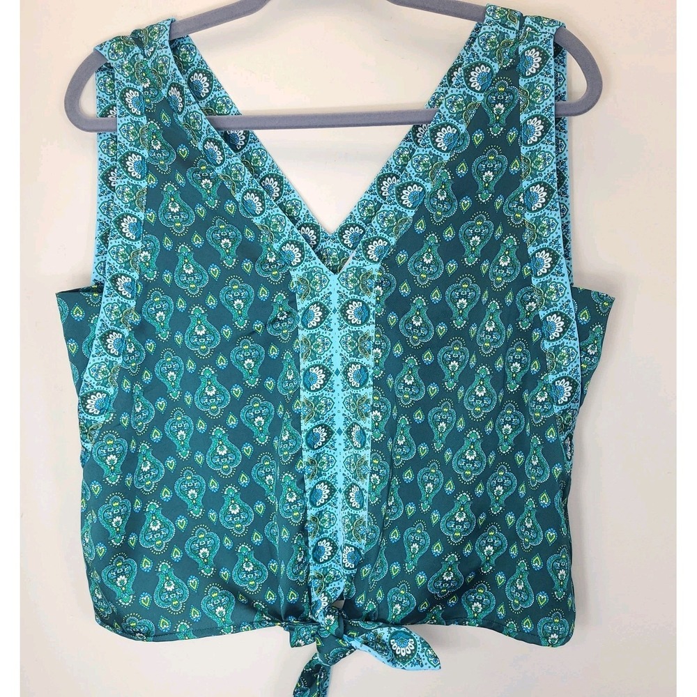 LOFT Paisley Tie Front Blouse Womens Medium Blue Sleeveless Boho Top